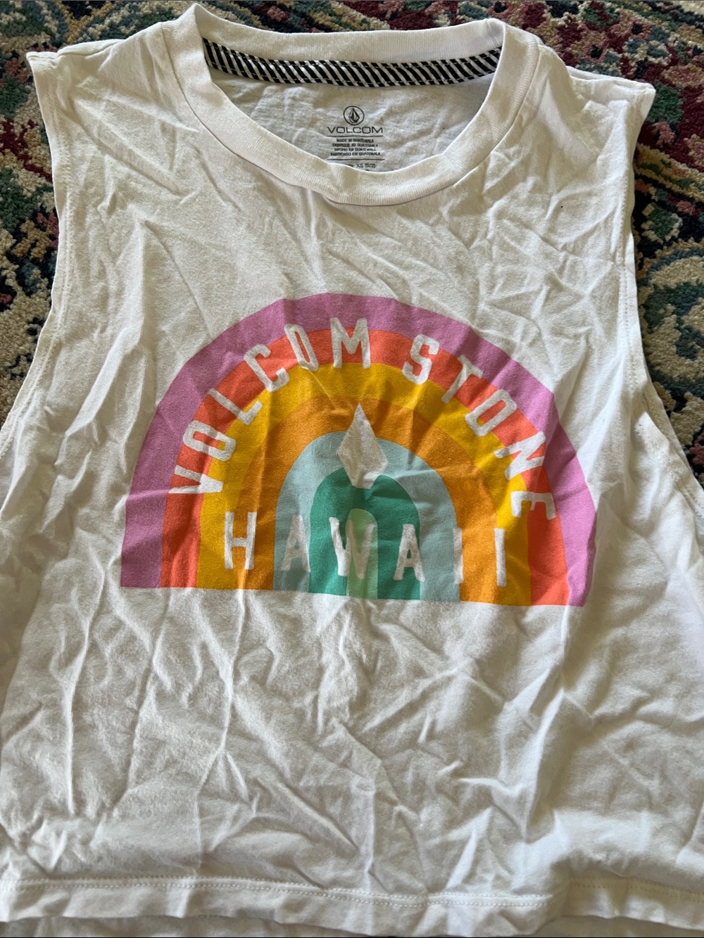 Volcom White  Tank Top with Pink, Orange, Yellow & Teal Rainbow Graphic